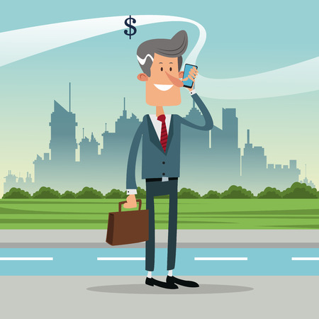 Cartoon man with smartphone icon. Mobile lifestyle technology and communication theme. Colorful design. Vector illustrationのイラスト素材