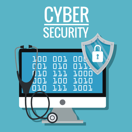 Computer stethoscope and shield icon. Cyber security system warning and protection theme. Vector illustratonのイラスト素材