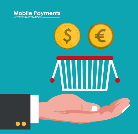 mobile payment hand hold basket and coins dollar euro vector illustrationのイラスト素材