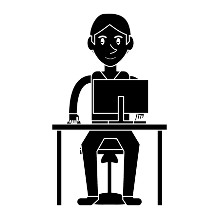 silhouette young boy uses computer desk chair design vector illustrationのイラスト素材