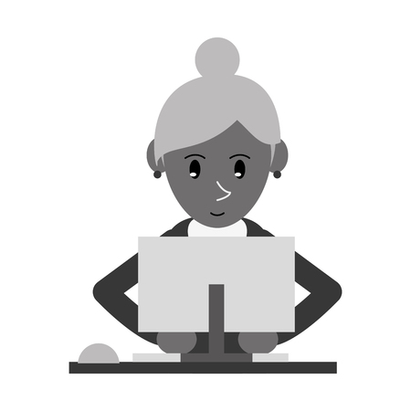 cute girl using computer working monochromatic vector illustrationのイラスト素材