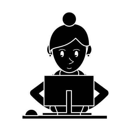 silhouette girl using computer working vector illustrationのイラスト素材