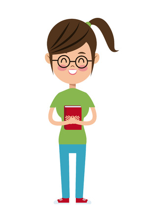 back to school girl nerd glasses green tshirt and book vector illustration eps 10のイラスト素材