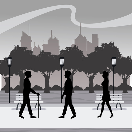 silhouette persons walk city park brench lamp postlight trees vector illustration eps 10のイラスト素材