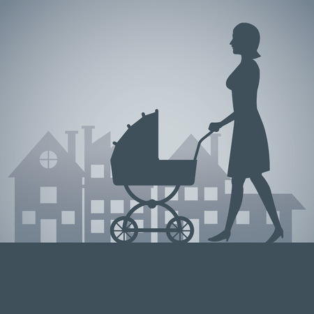 silhouette mother with carriage baby walking neighborhood background vector illustration eps 10のイラスト素材