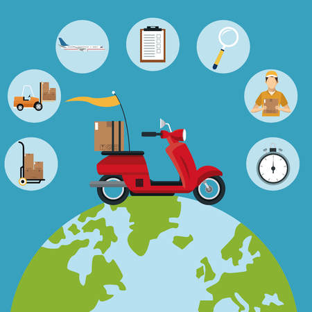 delivery concept red motorcycle globe set icons vector illustration eps 10のイラスト素材