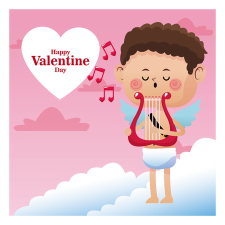 happy valentine day cupid sing music harp note musicのイラスト素材