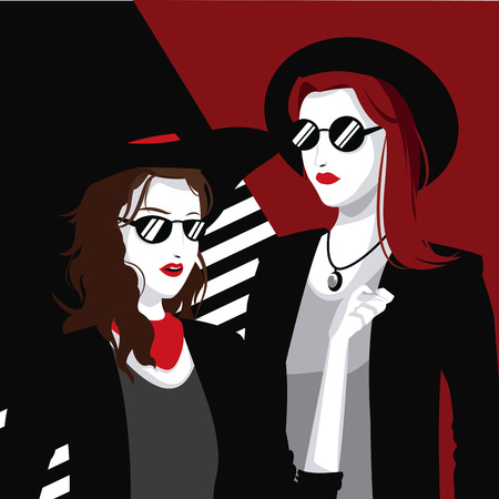 beauty portrait women fashionable with hat sunglasses necklace vector illustrationのイラスト素材