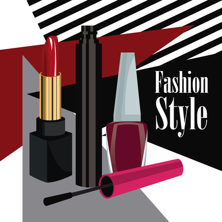 fashion style cosmetics mascara lipstick and nail polish wo poster vector illustrationのイラスト素材