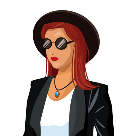 portrait wo fashion red hair hat sunglasses black jacket vector illustrationのイラスト素材