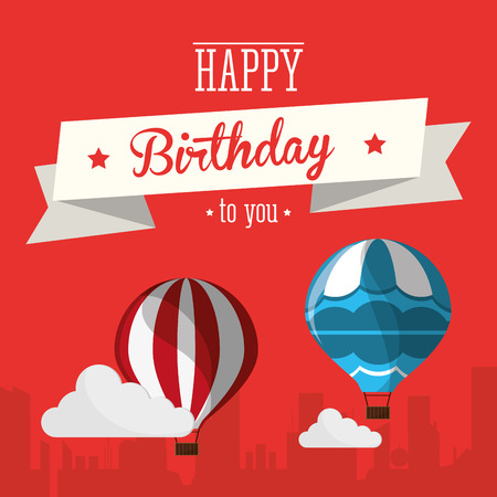 vintage card happy birthday airballoons clouds with city background vector illustrationのイラスト素材