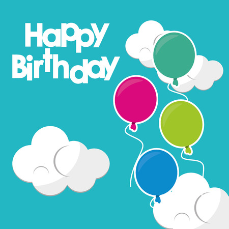 happy birthday beautiful balloons clouds turquoise background vector illustrationのイラスト素材