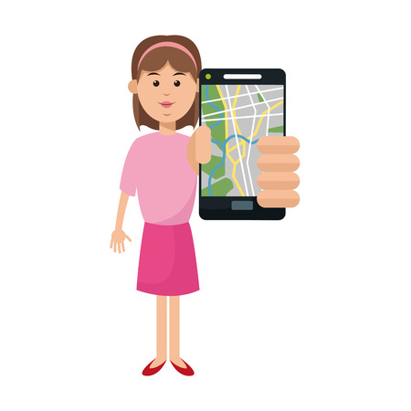 Woman and smartphone with gps app icon. Travel navigation route and technology theme. Isolated design. Vector illustrationのイラスト素材