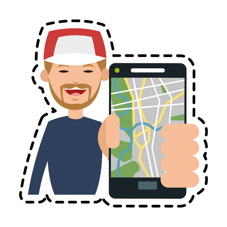 Man and smartphone with gps app icon. Travel navigation route and technology theme. Isolated design. Vector illustrationのイラスト素材