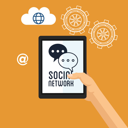 hand hold tablet social network team gear cloud vector illustration eps 10のイラスト素材
