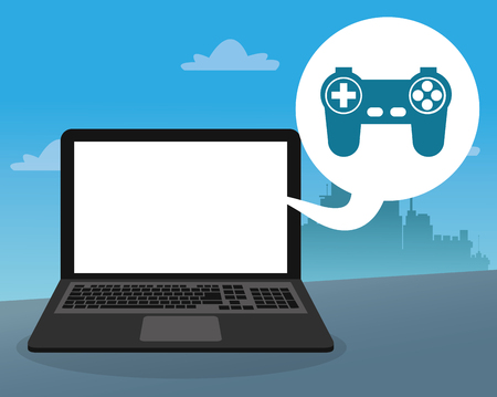 laptop console control bubble social media city background vector illustrationのイラスト素材