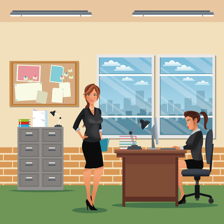 women workspace office desk chair cabinet board notice window vector illustrationのイラスト素材
