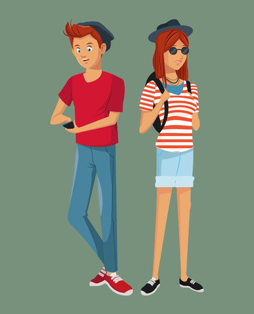 teens hispter style boy girl sunglasses bag hat smartphone vector illustration eps 10のイラスト素材