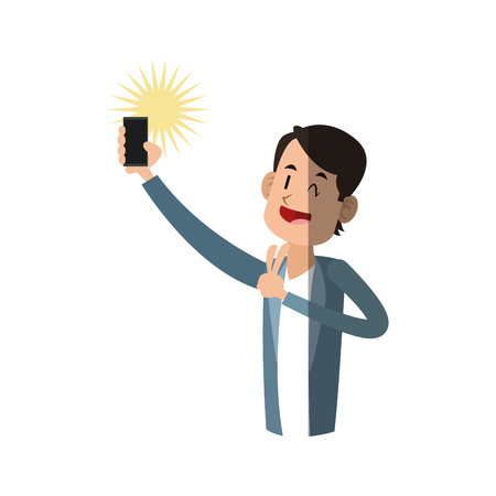 young man cartoon using a smartphone over white background. colorful design. vector illustrationのイラスト素材
