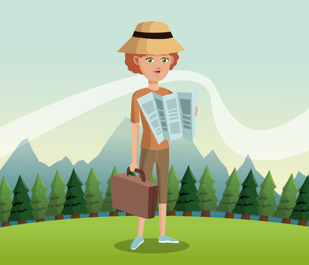 woman traveler tourist with map hat suitcase landscape background vector illustration eps 10のイラスト素材