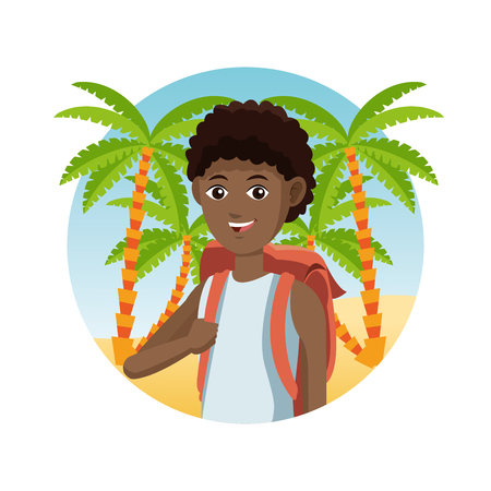 young guy afro traveler palm sand beach vector illustration eps 10のイラスト素材