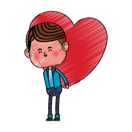 kawaii boy with heart icon over white background. colorful design. vector illustrationのイラスト素材