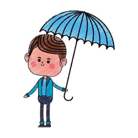 kawaii boy holding a umbrella over white background. colorful design. vector illustrationのイラスト素材