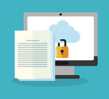 computer with file documents over blue background. cyber security concept. colorful design. vector illustrationのイラスト素材