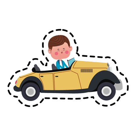 boy driving a classic car over white background. colorful design. vector illustrationのイラスト素材