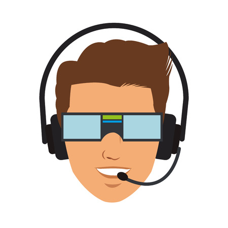man cartoon using headphones and glasses over white background. colorful design. vector illustrationのイラスト素材