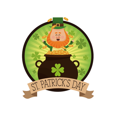 leprechaun happy tossing gold pot decorative label vector illustration eps 10のイラスト素材