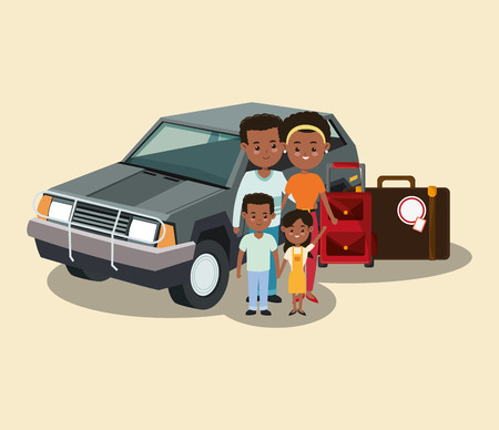 family with kids ready to travel with briefcases in the car. colorful design. vector illustrationのイラスト素材