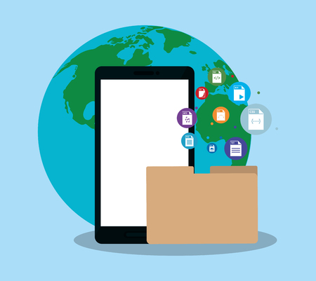 smartphone, earth planet and document folder over blue background. colorful design. vector illustrationのイラスト素材