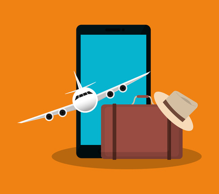 smartphone, airplane and briefcase over orange background. travel and tourism concept. colorful desing. vector illustrationのイラスト素材