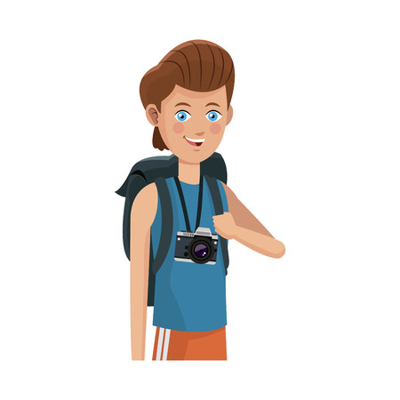 young guy with a camera around his neck over white background. colorful design. vector illustrationのイラスト素材