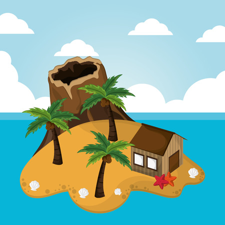 volcano island hut palm starfish vacations seaside vector illustrationのイラスト素材