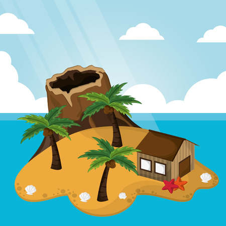 tropical volcano hut palm tree sunlight starfish sand vector illustrationのイラスト素材