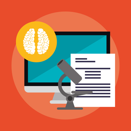 computer, microscope and brain icon over red background. colorful design. vector illustrationのイラスト素材