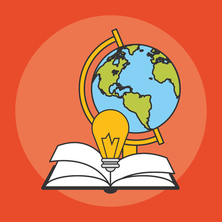 books and earth planet and bulb light  icon over red background. colorful design. vector illustrationのイラスト素材
