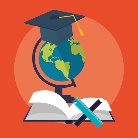 books and earth planet and ruler  icon over red background. colorful design. vector illustrationのイラスト素材