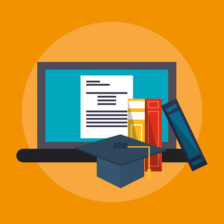 computer with graduation cap and  books over yellow background. colorful design. vector illustrationのイラスト素材