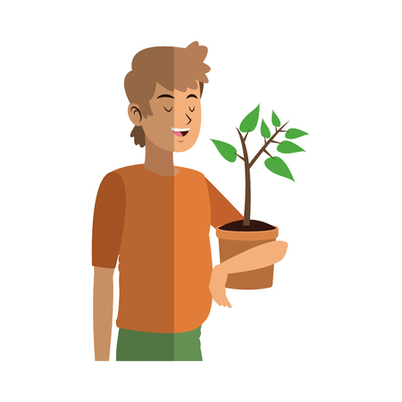 gardener man holding a plant in a pot over white background. colorful design. vector illustrationのイラスト素材