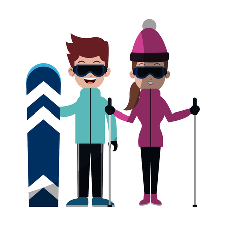 happy couple ready to practice winter sport over white background. colorful desing. vector illustrationのイラスト素材