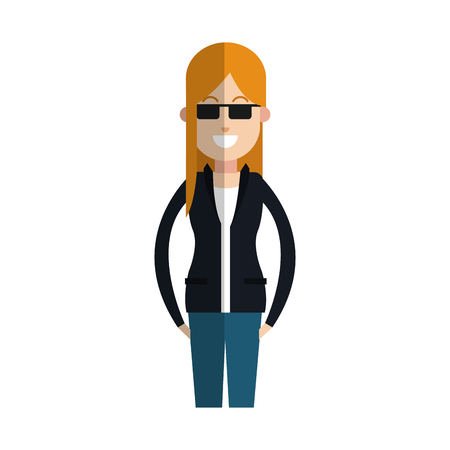 happy woman with sunglasses and jacket over white background. colorful design. vector illustrationのイラスト素材