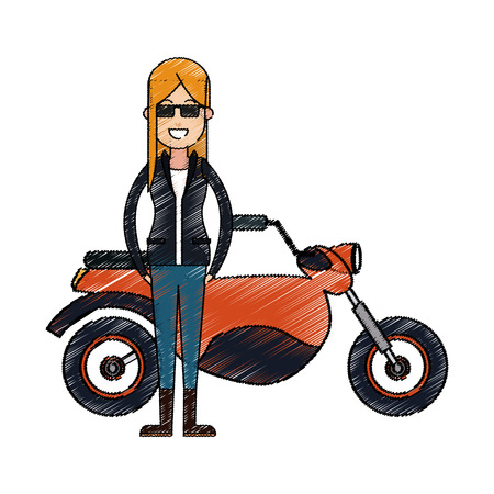 woman with sunglasses and black jacket over white background. colorful desing. vector illustrationのイラスト素材