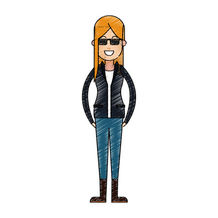 woman with sunglasses and black jacket over white background. colorful desing. vector illustrationのイラスト素材