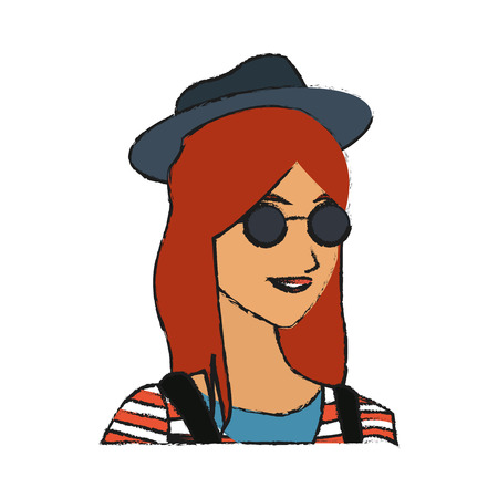 pretty young woman with striped shirt hat and sunglasses icon image vector illustration designのイラスト素材