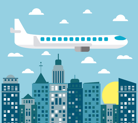 Airplane transport city sun vector illustrationのイラスト素材
