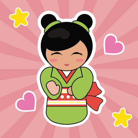 Kokeshi doll cute hearts background vector illustrationのイラスト素材