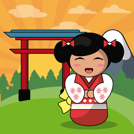 Kokeshi doll japanese landscape image vector illustrationのイラスト素材